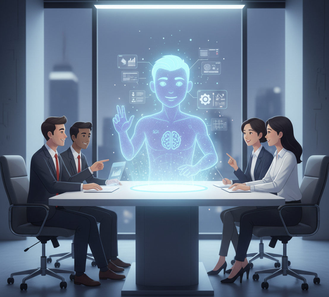 Business team brainstorming with a custom AI persona represented as a digital avatar
