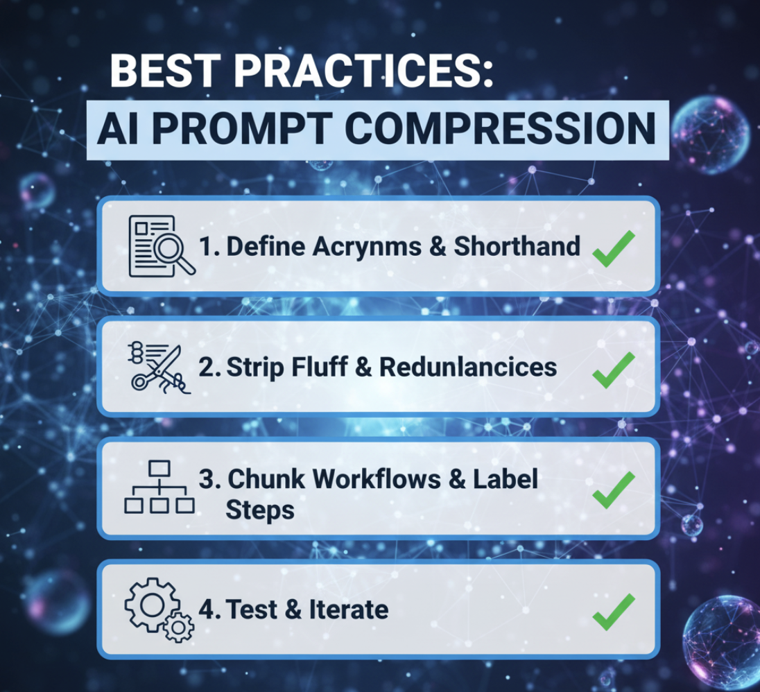 Checklist of best practices for AI prompt compression with icons