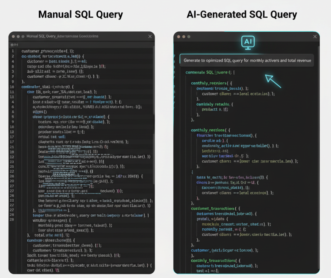 Comparison of a manual SQL query and a simplified AI-generated SQL query