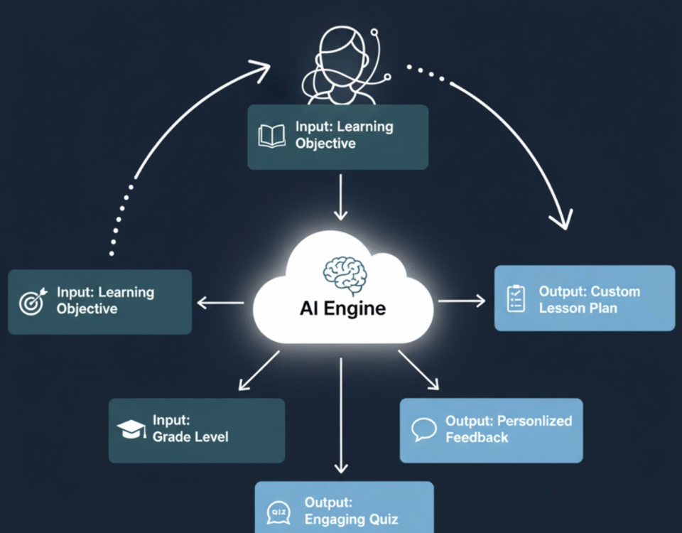 Diagram of the AI workflow for teachers, from input to output