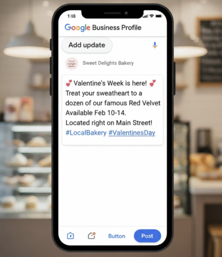 Example of an AI-generated Google Business Post for a bakery promotion.