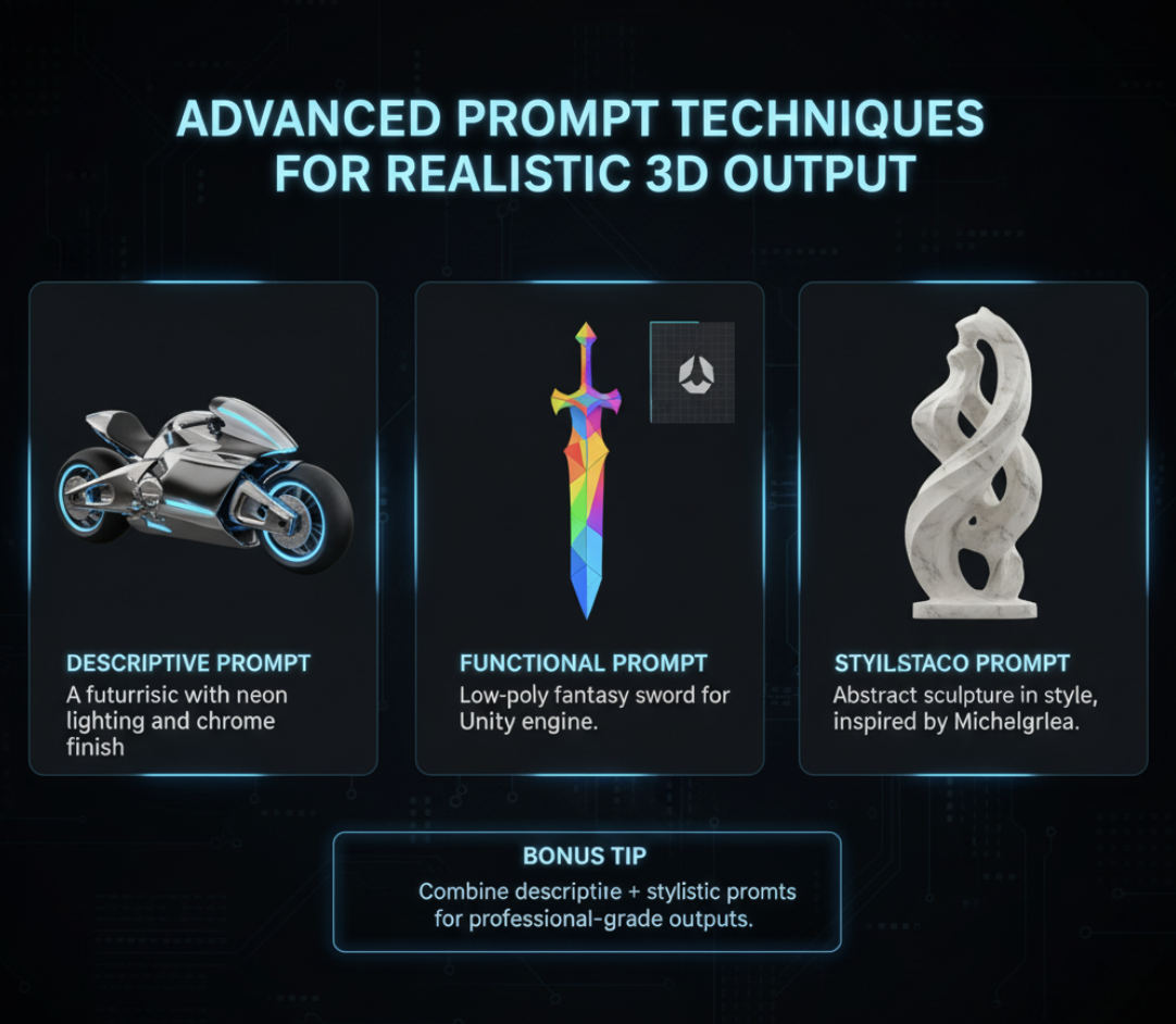 Examples of different AI 3D model prompt styles and results