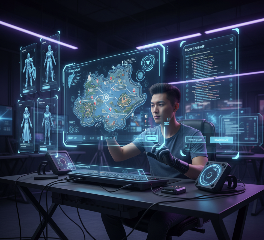 Game designer using AI to generate characters and quests