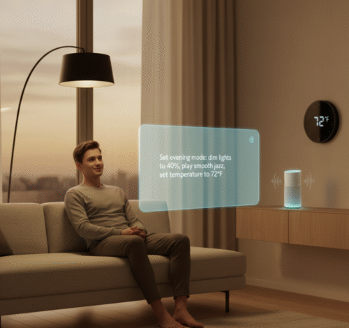 A person in a futuristic living room uses a holographic interface with the precise command 'Set evening mode dim lights to 40%, play smooth jazz, set temperature to 72F to control their smart home devices