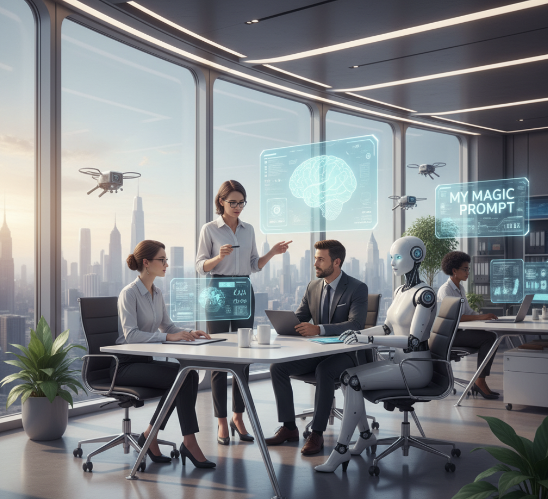 Human professionals collaborating with AI systems in a modern workplace