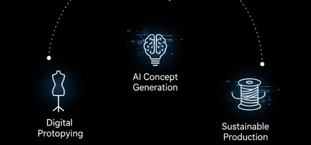 Infographic of the AI fashion design pipeline, from trend analysis to production