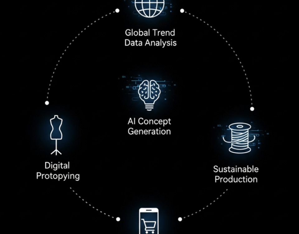 Infographic of the AI fashion design pipeline, from trend analysis to production