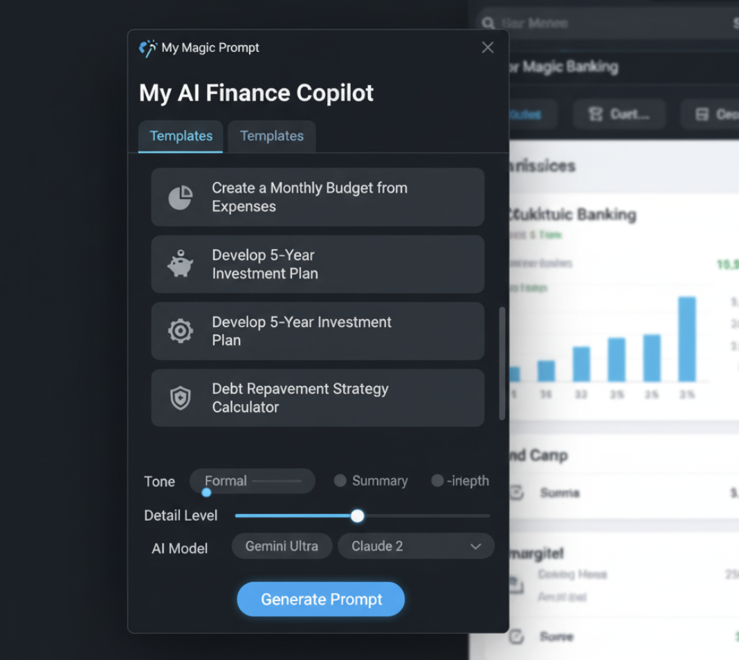 Magic Prompt Chrome extension displaying AI finance prompt templates