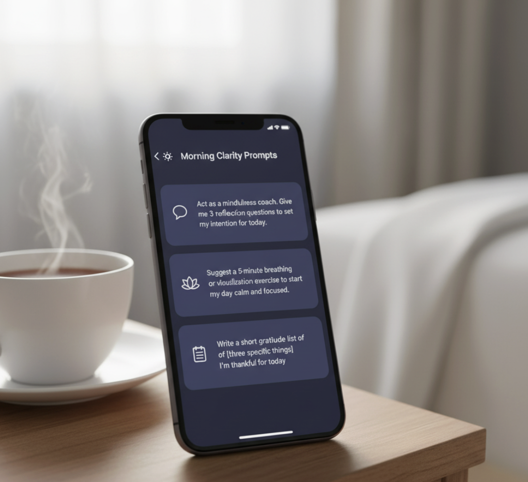Mobile app mockup displaying three curated morning mindfulness prompts