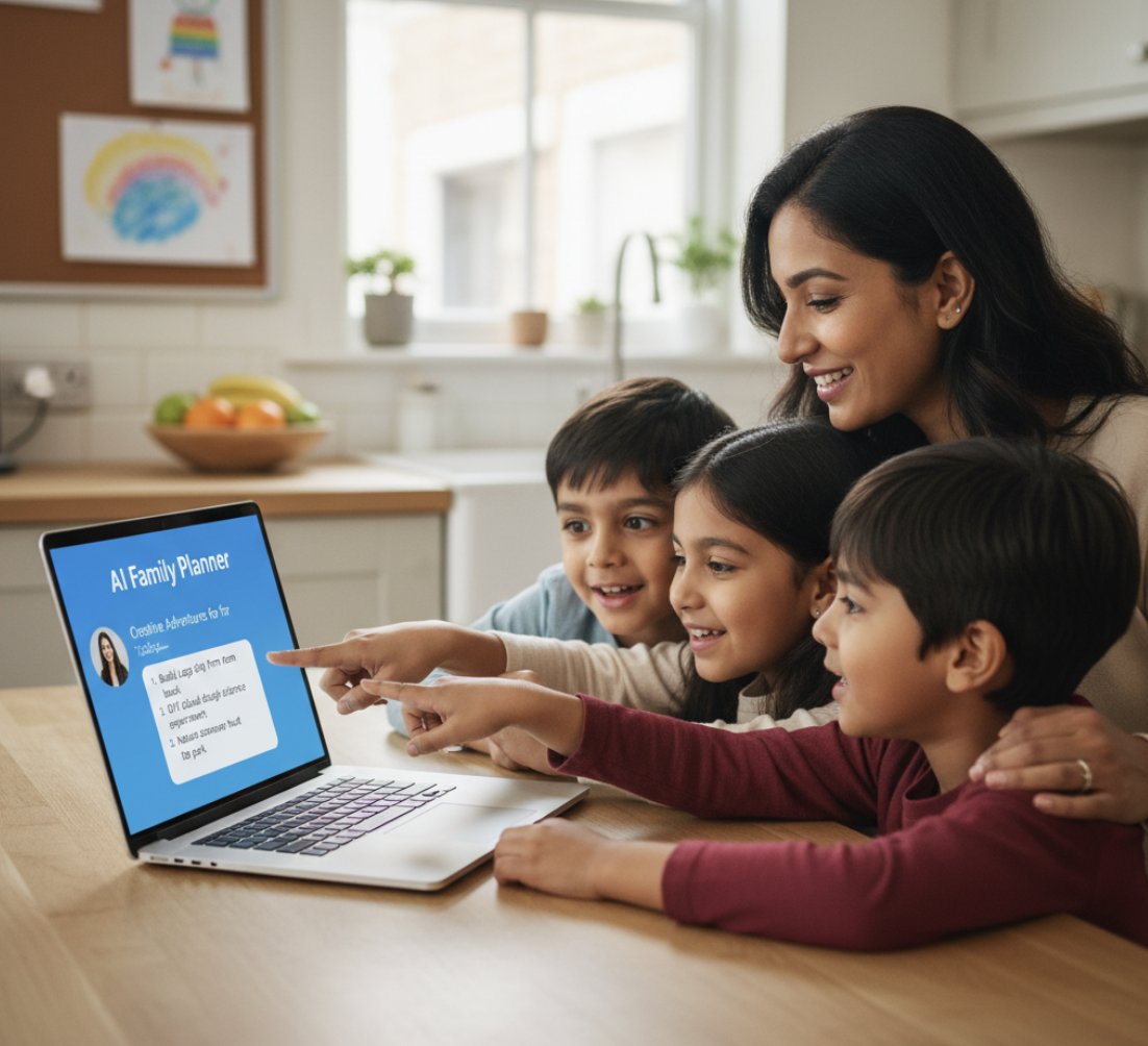 Parent using AI on a laptop to plan family activities at the kitchen table