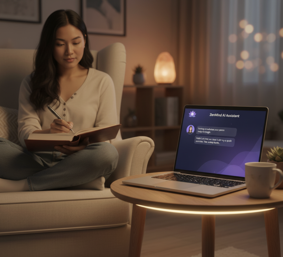 Person journaling with an AI chat assistant on their laptop, starting a mindfulness routine