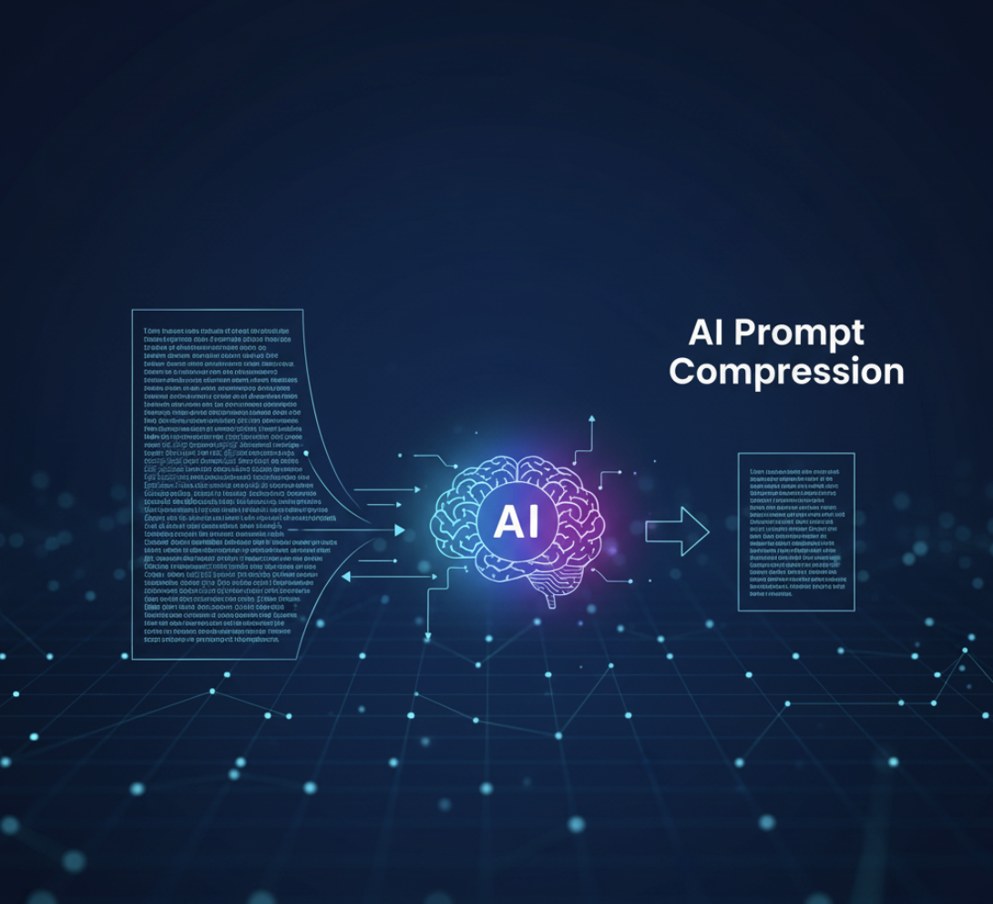 Visual metaphor of compressing long text into a smaller prompt for AI efficiency