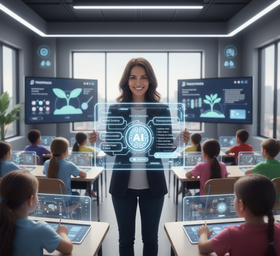 teacher using AI to create lesson plans on a digital screen