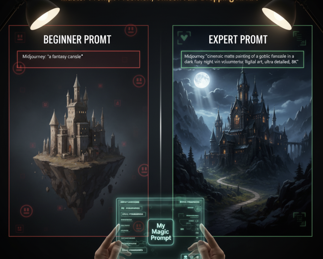 Comparison of basic and advanced Midjourney prompts producing different image results