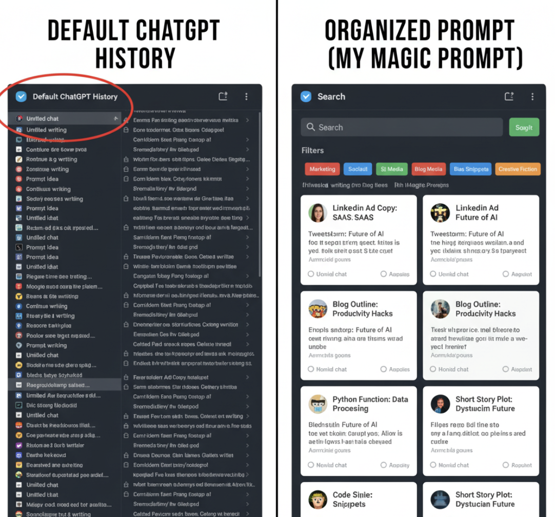 Comparison of disorganized ChatGPT history and organized prompt library.