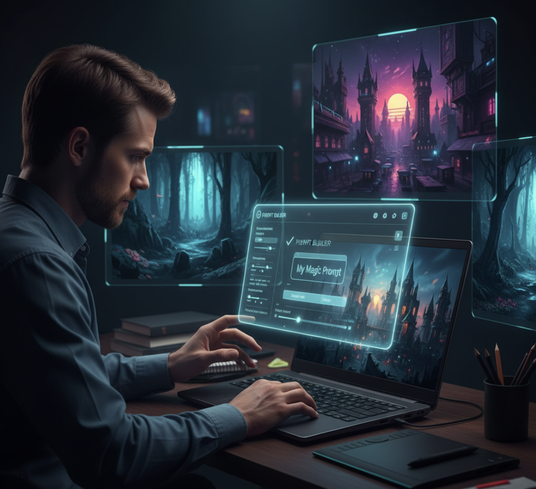 Designer creating AI art using My Magic Prompt tool on laptop