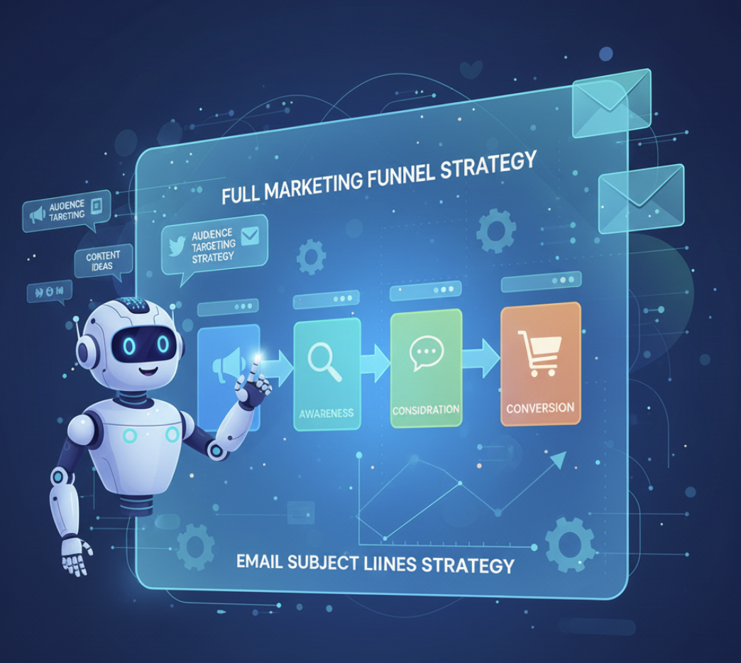 Illustration of an AI-driven marketing funnel plan with awareness, consideration, and conversion stages