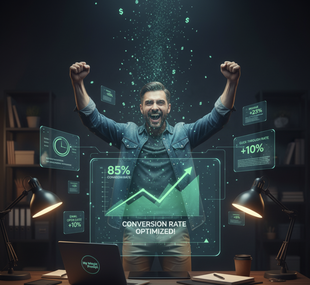 Marketer celebrating success after using AI sales prompts to improve conversion rates.