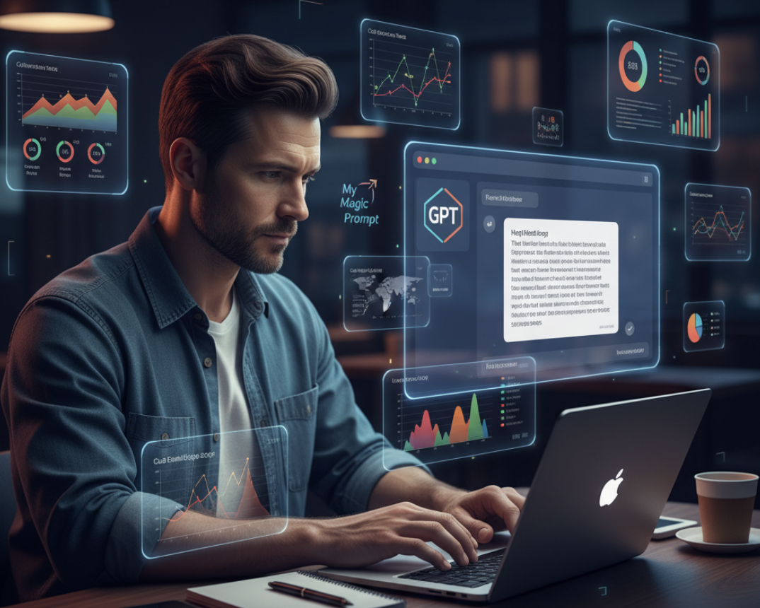 Marketer crafting sales copy using AI tool and analytics insights.